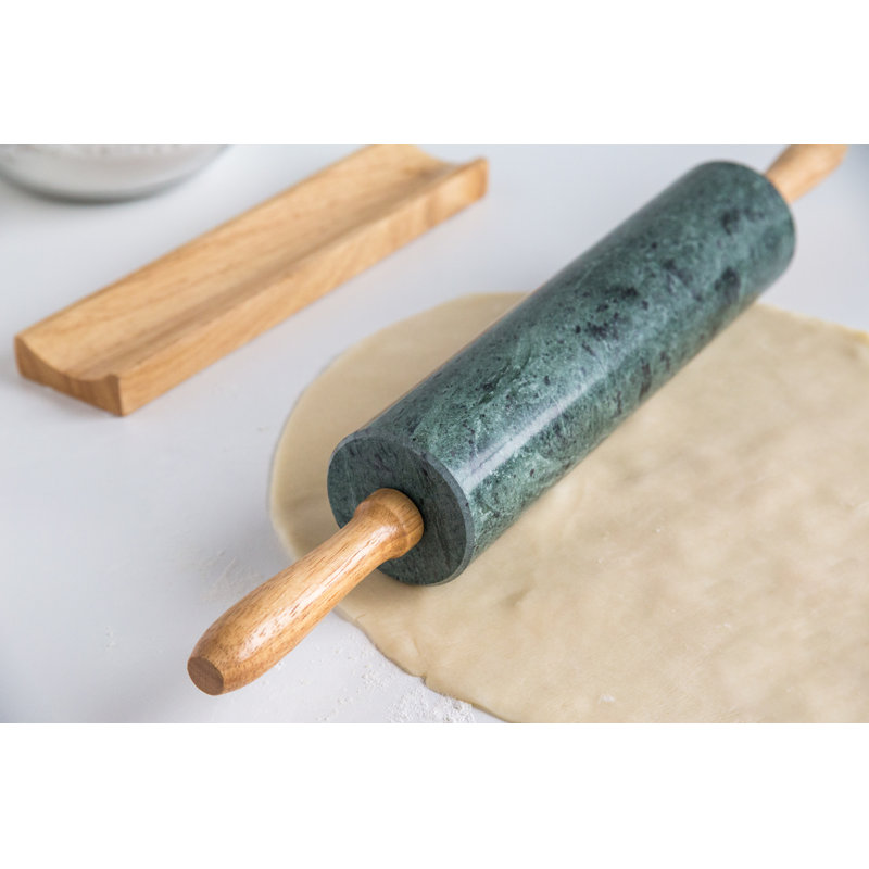 Green Marble Rolling Pin with Wooden Handles and Base