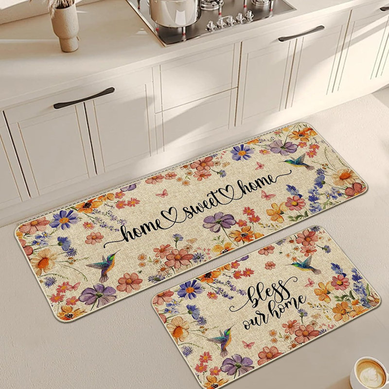 Flower Spring Kitchen Mats - Multi - Set Of 2 Non-Slip Rubber Backed Floor Rugs, Wildflower Summer Design For Kitchen, Sink, Office, Laundry