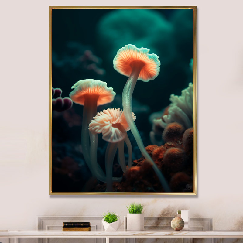 «Beautiful Deep Deep Sea Anemones» en rose et bleu sur toile, H 20 po x l 12 po x P 1 po, Cadre flottant doré