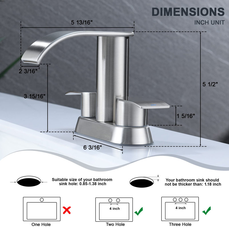 4 in. Centerset Double Handle Waterfall Spout Bathroom Sink Faucet with Pop-up Drain (2 Pack), Brushed Nickel