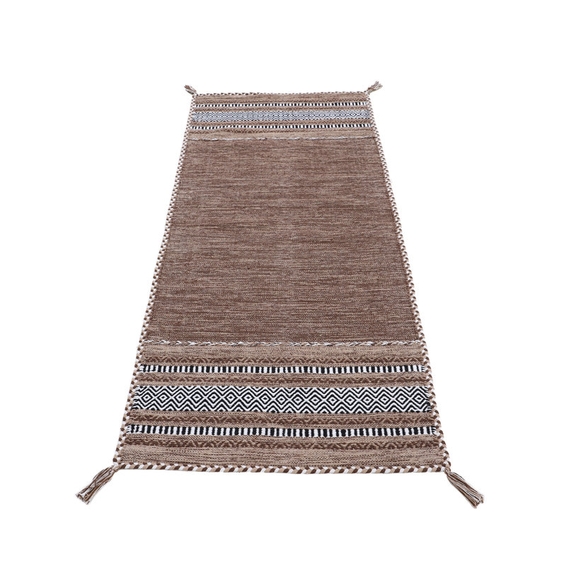 Azizi Striped Hand Woven Cotton Brown Rug, Runner 75 x 240cm