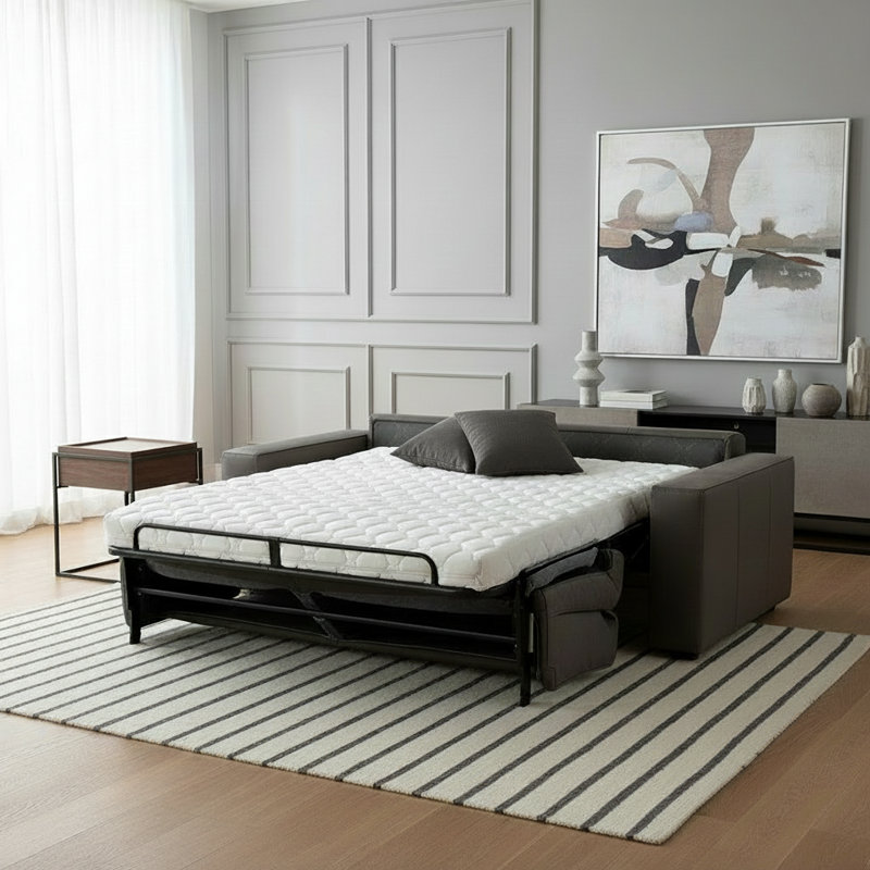 Cappella Italian 85" Genuine Top Grain Leather Queen Wide Arm Pull Out Sleeper Sofa Bed with Memory Foam Mattress