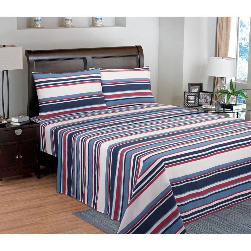  Ensemble de draps rayés 100% coton percale à densité de tissage 200 fils, Complète