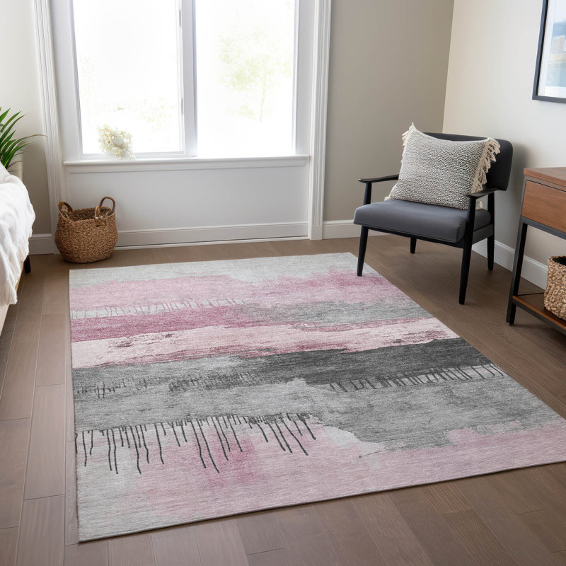 Machine Washable Indoor/Outdoor Xhevrie Pink Rug, Rectangle 8' x 10'