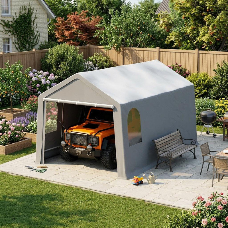 Abri d'auto 10 x 20 pi avec abri d'auto robuste et résistant avec parois latérales amovibles, portes à fermeture à glissière et fenêtres ventilées