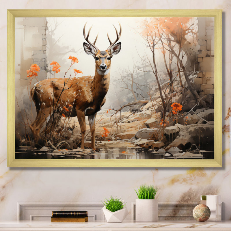Cerf, élégance rustique - imprimé, H 34 po x l 44 po x P 1,5 po, Encadrement doré