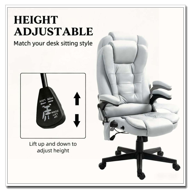 Microfiber Massage Desk Chair With Heat Function And Reclining Backrest, Light Gray