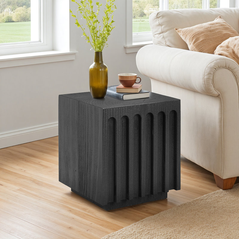 Fluted Solid Wood End Table With Natural Wood Grain, Black