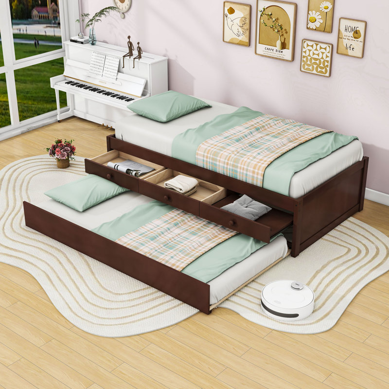 Platform Bed with Trundle and Drawers, Twin, Espresso