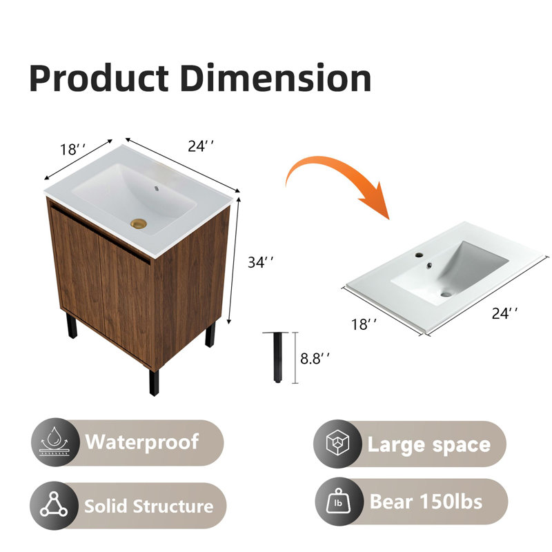 Meuble-lavabo 24 po avec lavabo en céramique, Noyer, 24"