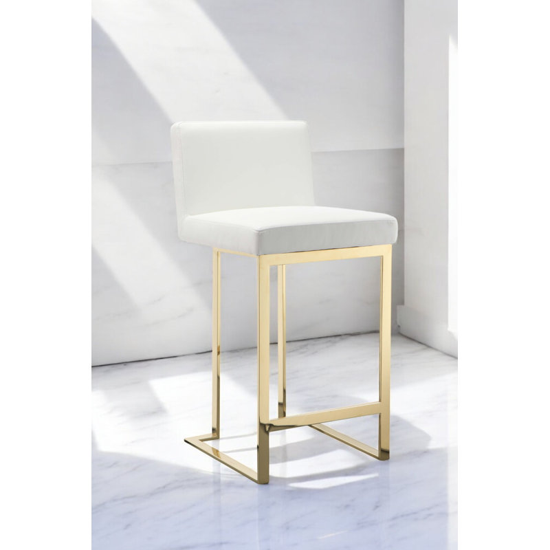 Pangea Home Dexter Faux/Vegan Leather Bar Stool - 26" Seat Height – Modern Upholstered Bar Chair with Steel Metal Legs - Indoor - Bar, Dining, Kitchen - White with Gold Legs