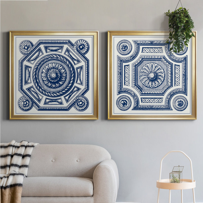 Indigo Medallion II - ensemble de 2 reproductions d'impressions, Toile encadrée d'or, H 34,5 po x l 69 po x P 1,5 po