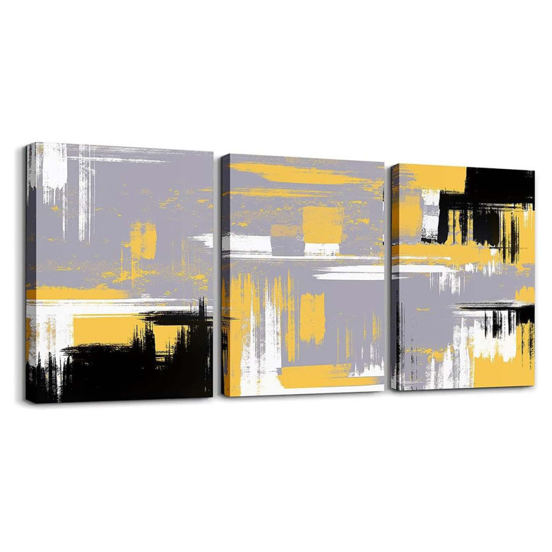 3 Piece Wrapped Canvas Print, Yellow/Grey