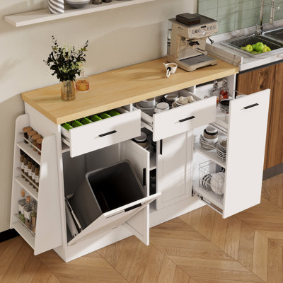 Multi-Functional Storage Sideboard with Sliding Door, 3-Tier Spice Rack, and Hidden Trash Cabinet for Organized Kitchens