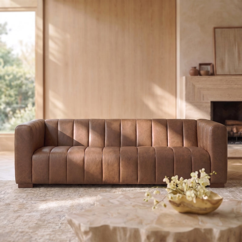 Canapé en cuir italien Canale, 86" W, Brun caramel