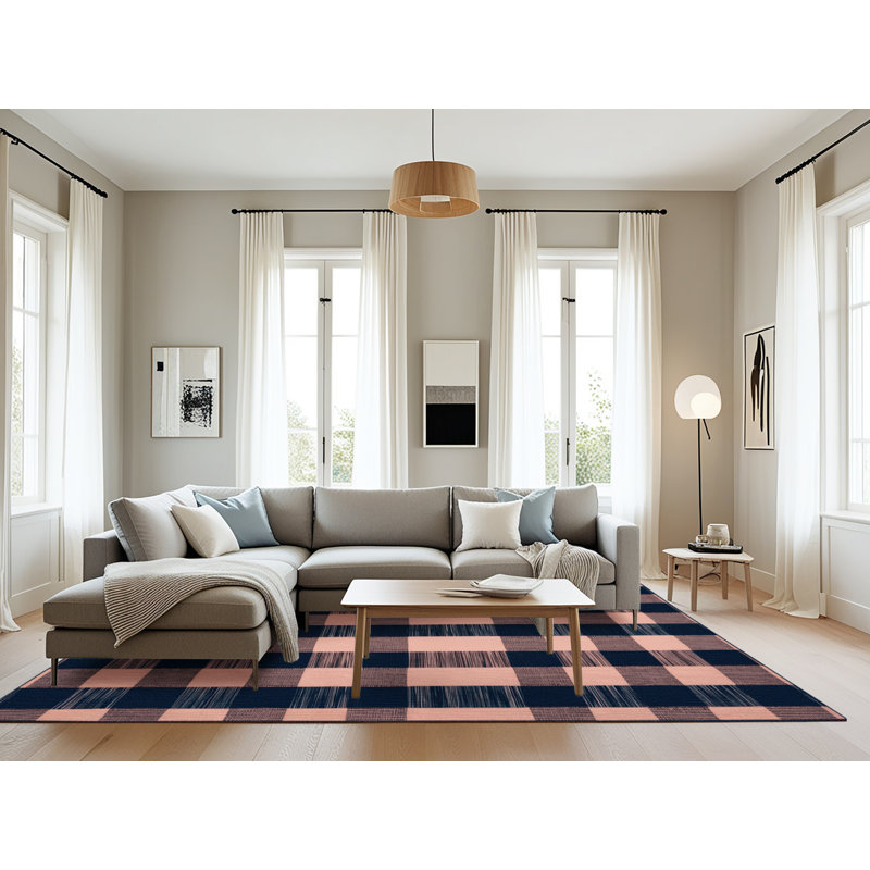 Machine Washable Checkered Blue Area Rug, Rectangle 6' x 9'