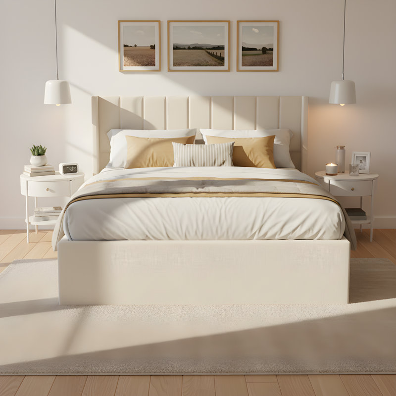Calvera Modern Minimalist Upholstered Storage Platform Bed with Four Drawers and Vertical Channel Headboard, Queen