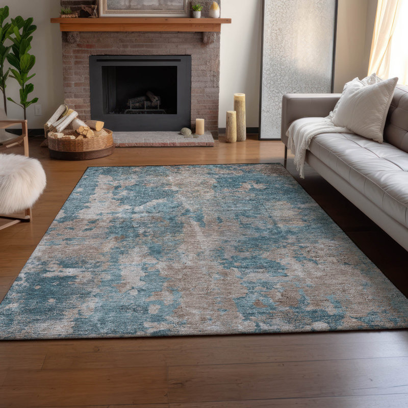 Teal and Beige Rectangular Washable Synthetic Rug, 3' x 5'