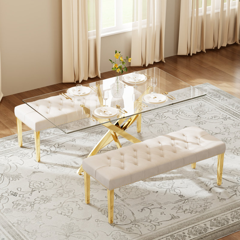 Ensemble de salle à manger moderne avec banc Hoggan, 29.5" H x 63" W x 31.5" D, Beige, Gold