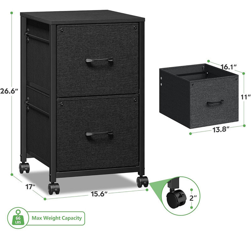 Small Rolling File Cabinet Printer Stand Lateral Filing Cabinets, 2 Drawer Fabric File Cabinet, Black