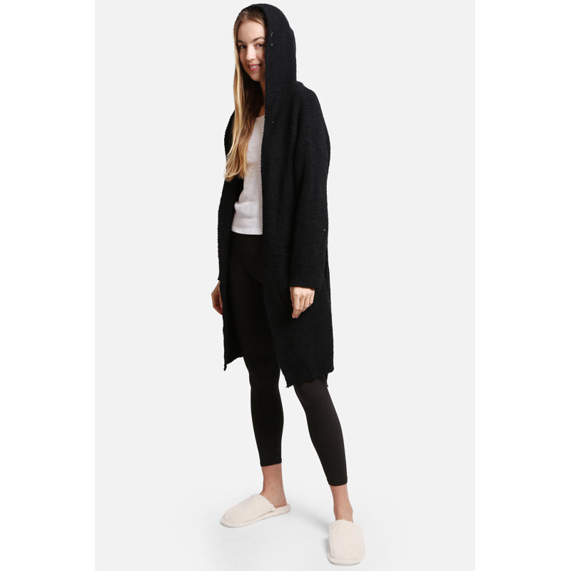 Peignoir de couleur unie de luxe à capuchon doux avec poches à l'avant - Noir, Noir