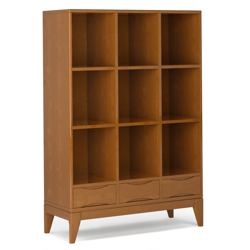 Harper 42"W Solid Hardwood 9 Cube Mid-Century Modern Bookcase with 3 Drawers, Teak Brown