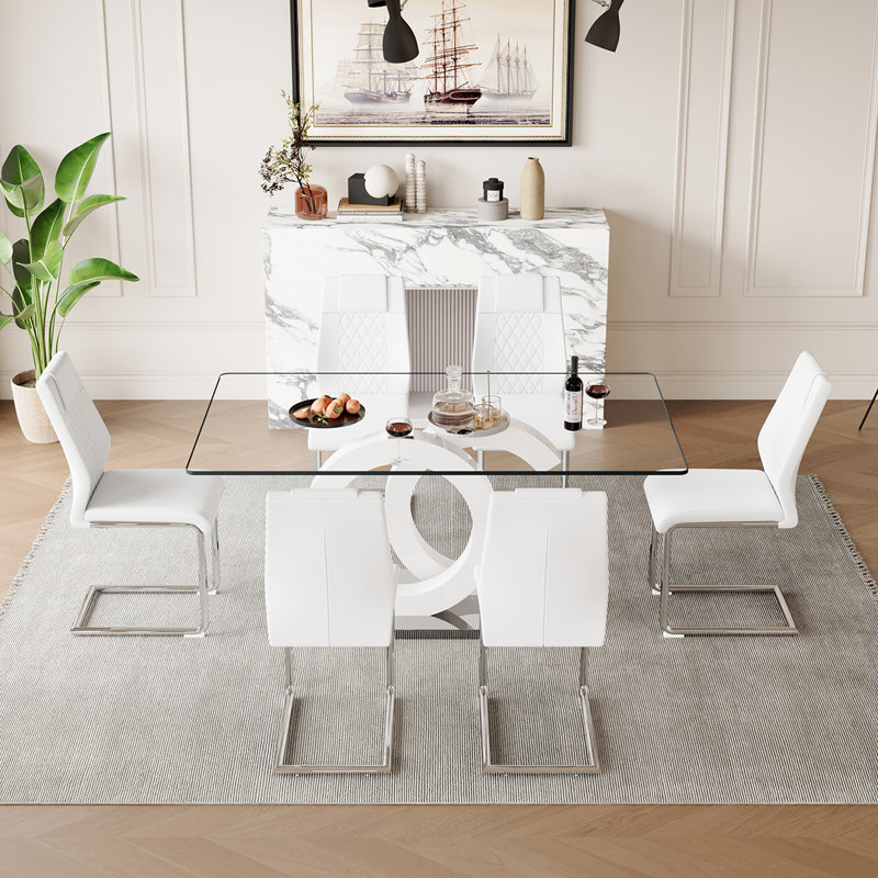 Ensemble de table de salle à manger 7 pièces 7 pièces, Argent/blanc