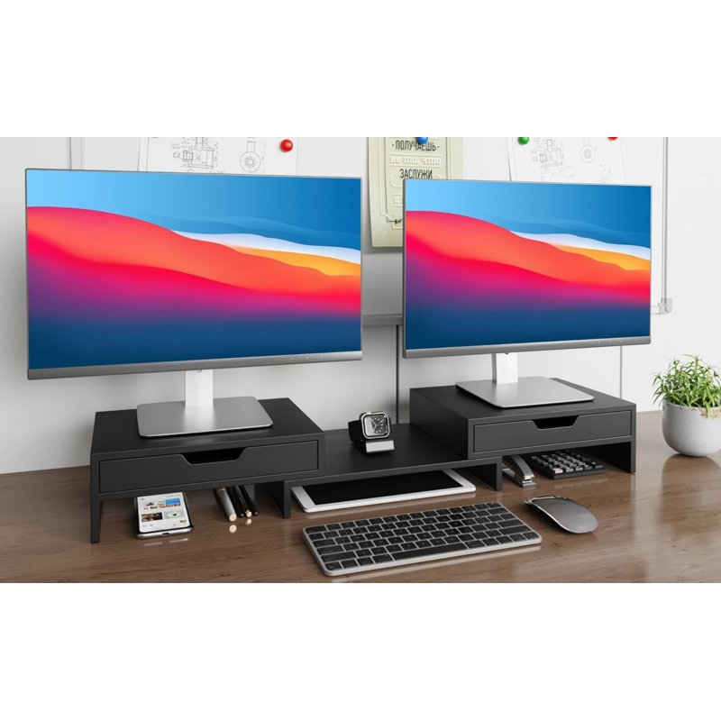Monitor Stand With 2 Storage Drawers, Premium Bamboo Dual Monitor Stand Riser With Adjustable Length And Angle, Desk Organizer For Computer Laptop,  Black