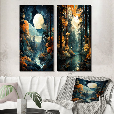 Ensemble de 2 impressions sur toile Moonlight River Retreat Into The Forest IV - Forest River Mountains