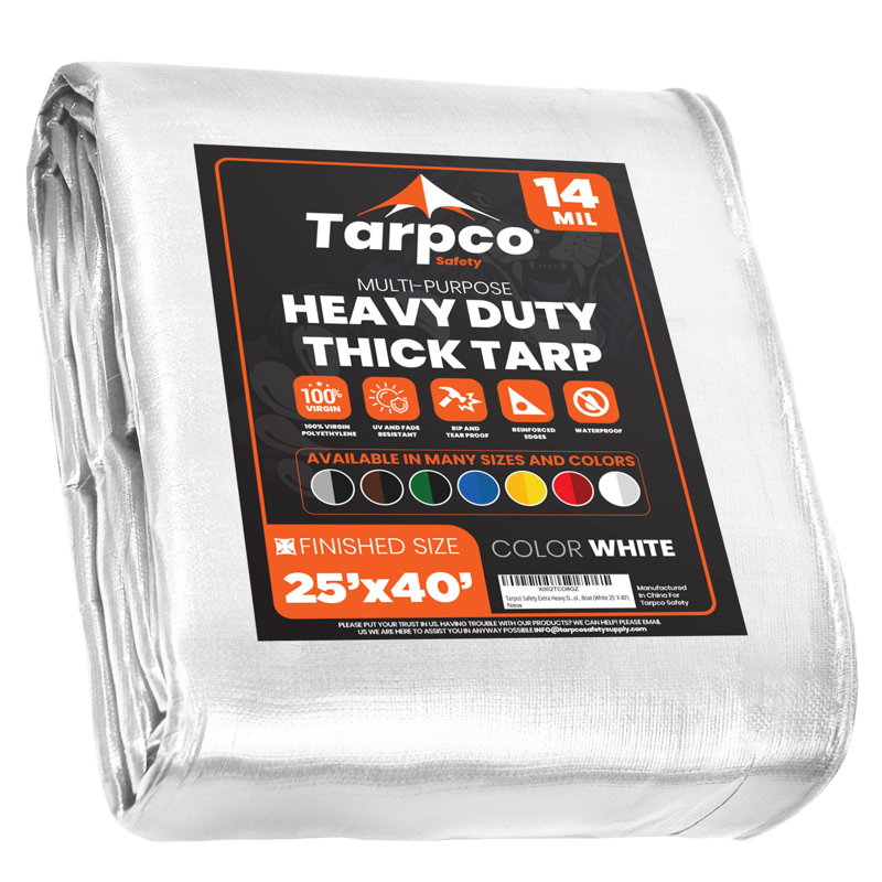 Housse de protection en toile extra robuste 14 mil 40 pi x 80 pi, blanche, imperméable avec bords renforcés et œillets en métal pour la protection du toit, du camping, du patio, de la piscine et du bateau