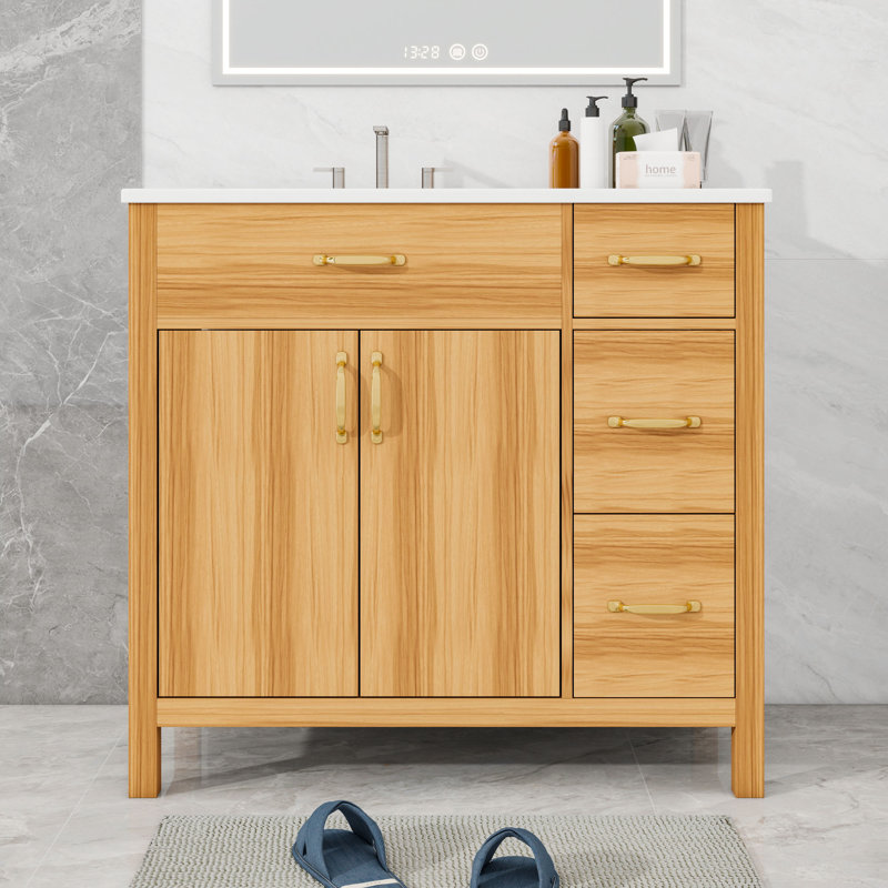Meuble-lavabo avec lavabo en céramique, 3 tiroirs, portes à fermeture en douceur et tablette réglable