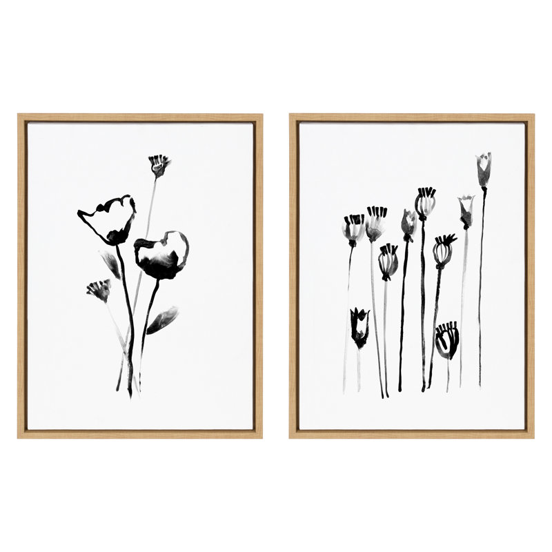 "Black and White Wildflowers and Seedpods" par Teju Reval, ensemble d'art mural sur toile encadrée, Toile avec cadre naturel