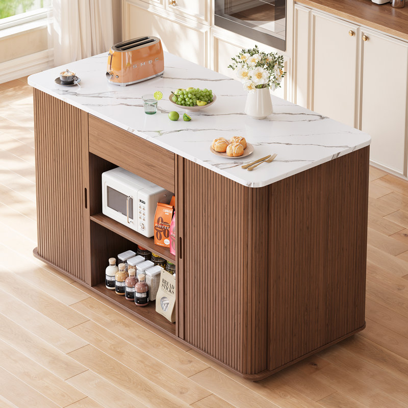 60" Wide Kitchen Island With 2 Sliding Tambour Door Cabinet, Kitchen Cabinet With Power Outlet & Large Drawer For Kitchen, Dinning Room