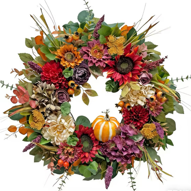 Couronne d'automne 24 po avec citrouilles et fleurs