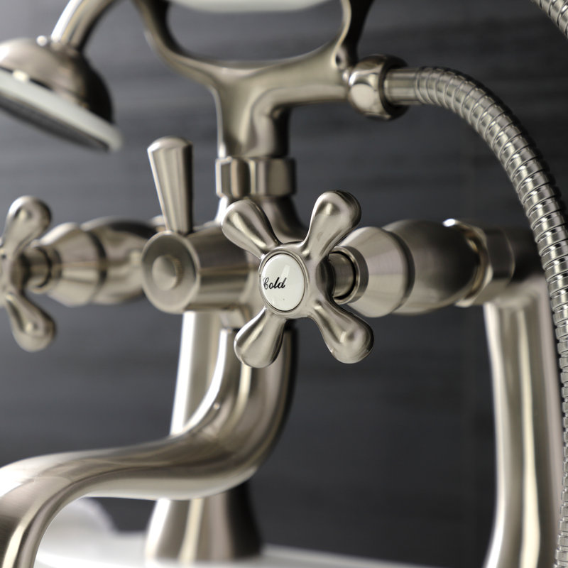 Kingston Brass Kingston Three-Handle 2-Hole Deck Mount Clawfoot Tub Faucet with Handshower, Brushed Nickel