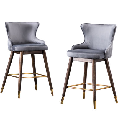 Gray Upholstered Counter Height Wingback Stools, Thick Foam Filled With Stylish Legs, Of 2 Pieces Chic Textured Velvet-Like Fabric And Dense Padding