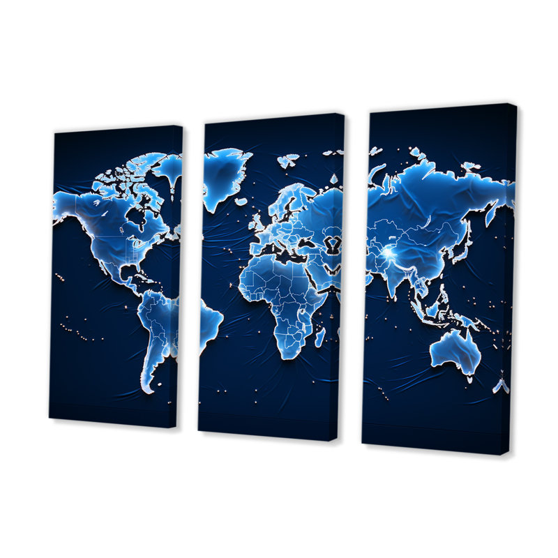 Majestic Meridians Blue World Map - ensemble de salon mural carte du monde, H 32 po x l 48 po x P 1 po