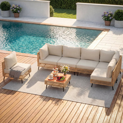 Ensemble de conversation modulaire en osier avec coussins pour 6 personnes Coriena