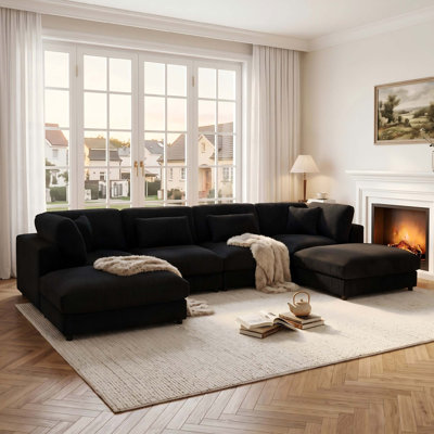 Corduroy Upholstered Modular Sectional with Toss Pillows