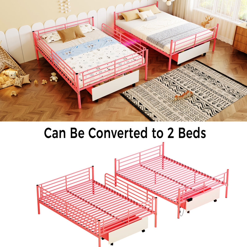 Lit superposé en métal rose avec charge, design, espace de rangement, sans sommier, peut être divisé en 2 lits simples, configuration de chambre à coucher moderne avec style, espace, divisibles