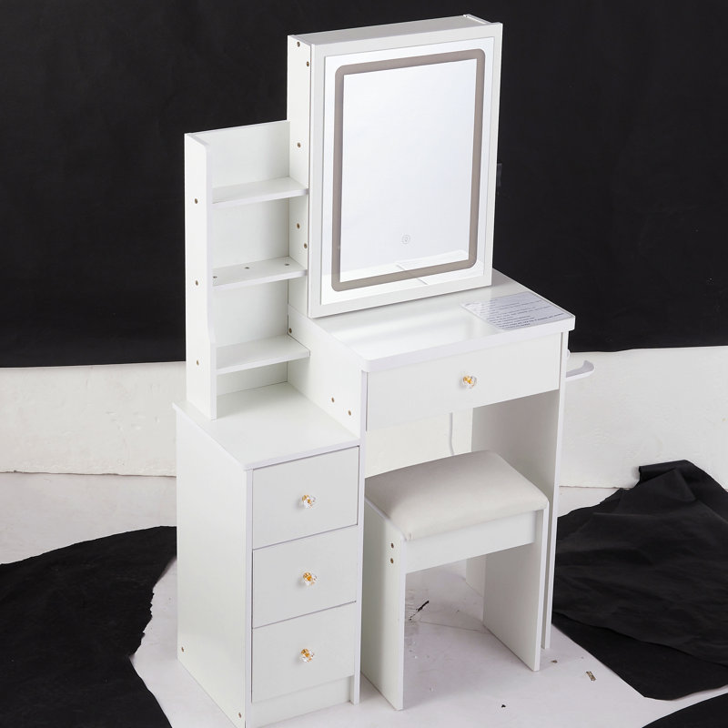 29.2" Small Size Left Bedside Cabinet Vanity Table With Cushioned Stool, 2 Ac+2 Usb Power Station, Hair Dryer Bracket, Extra Large Touch Control Sliding Led Mirror, Tri-Color Switching