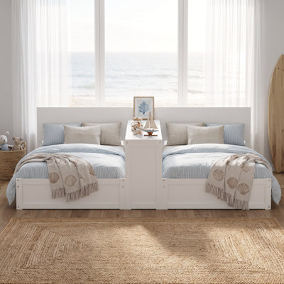 White Twin Platform Bed Set with Removable Storage Desk, Dual Twin Beds with 3-Way Adjustable Middle Shelf, Shared Kids Bedroom Bed Frame with Workstation