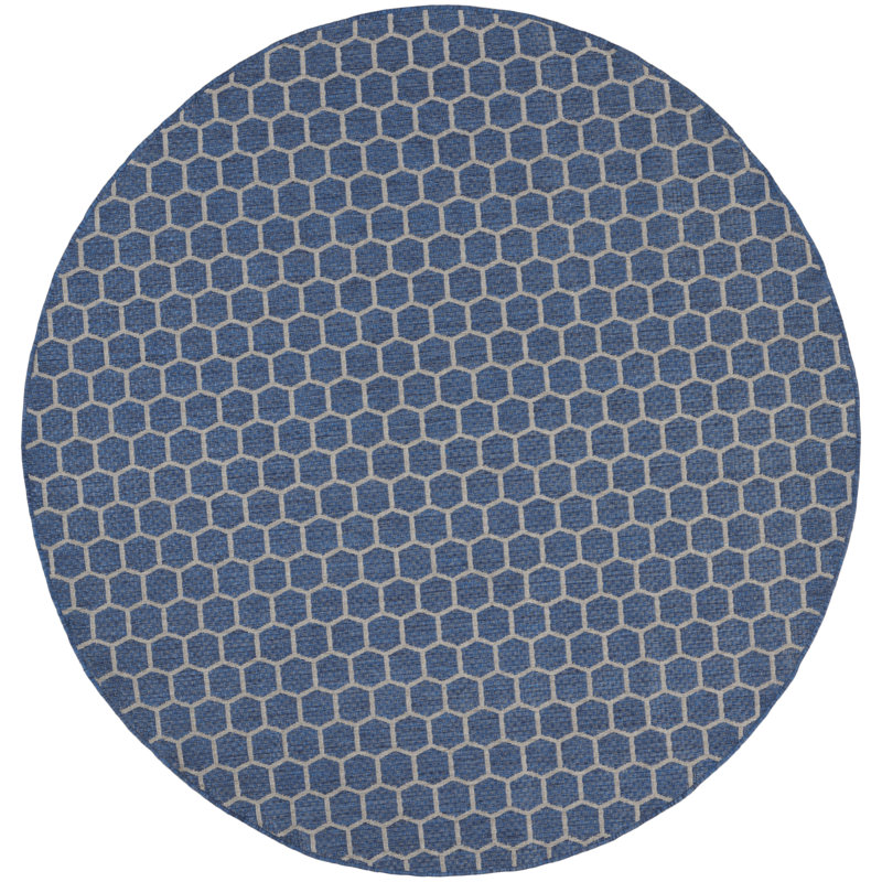 Canete Geometric Reversible Indoor/Outdoor Area Rug in Blue, Round 8'