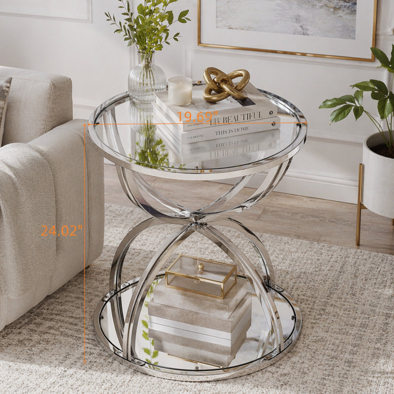 Table d'appoint moderne en verre 19,69 po avec 2 niveaux, Silver