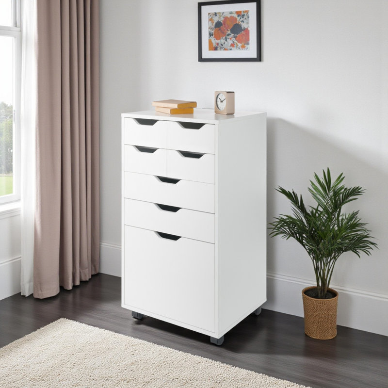 Peres 6-Drawer and 1-Cabinet Tall Mobile Cabinet in White Finish, 35.76" H X 18.99" W X 15.85" D, White