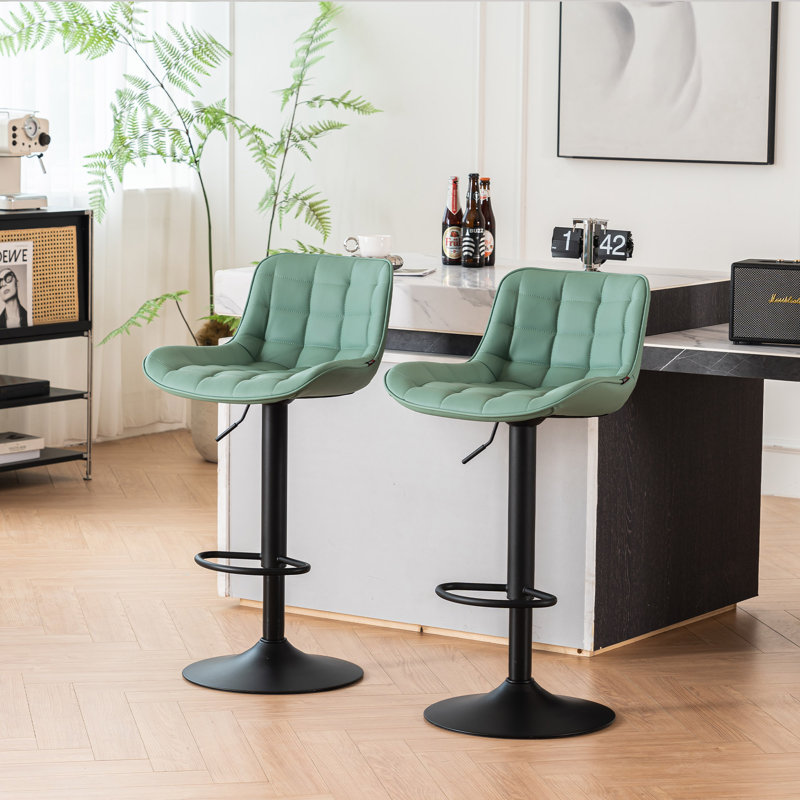 Swivel Upholstered Adjustable Height Counter Stool with Metal Frame, Sea Green Faux Leather/Black Frame