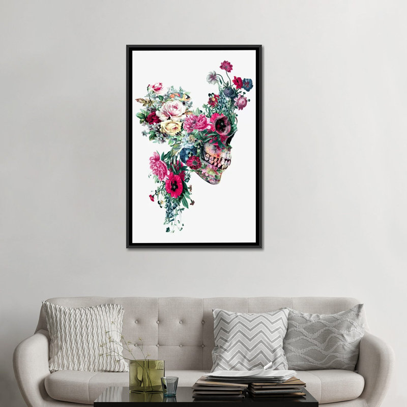 « floral crâne series », reproduction d’impression sur toile, H 60 po x l 40po x P 1,5 po, Toile avec cadre noir