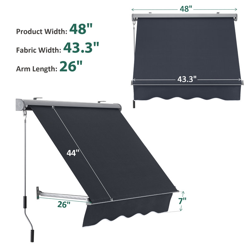 Auvent de fenêtre rétractable à angle réglable, structure en aluminium, H 44 po x l 48 po x P 26 po, Gris