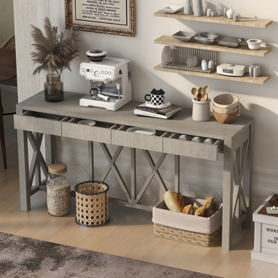 Console en placage de 60 po avec 4 tiroirs spacieux, placard de style moderne Crisscross avec rangement ouvert au bas, table de canapé de style campagnard pour le salon, la cuisine, la salle à manger et le couloir