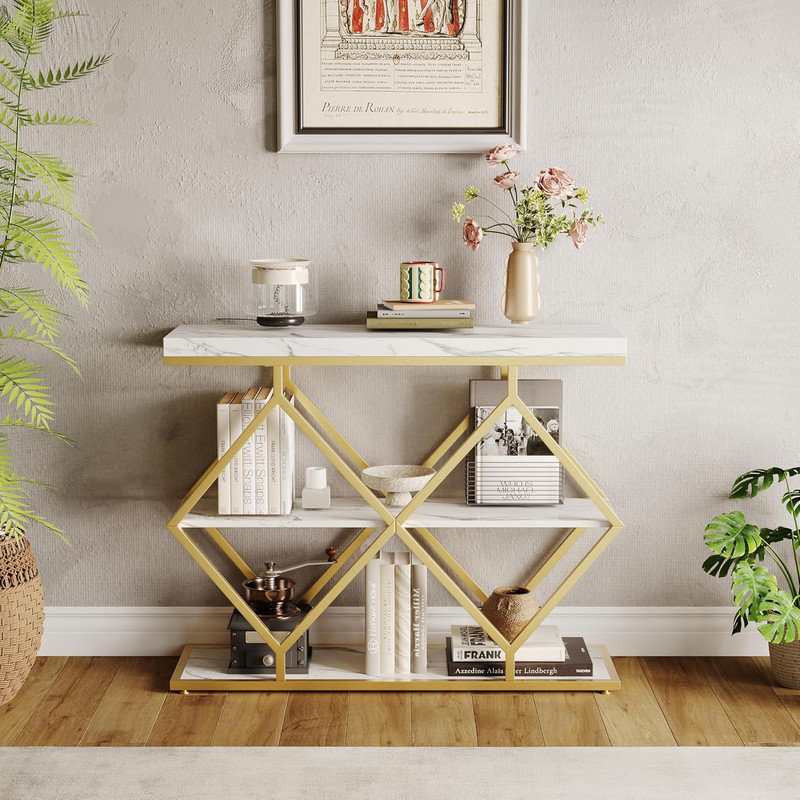 Modern 3-Tier Narrow Console Table with Gold Metal Legs for Entryway, Living Room & Hallway